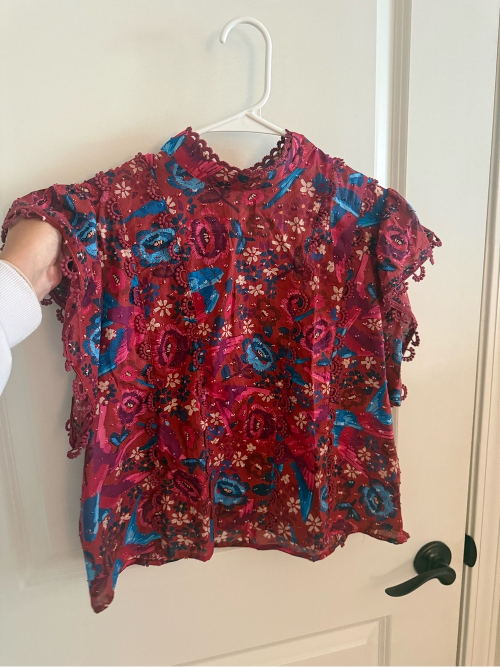 FARM Rio Fuchsia Floral Crochet-Edge Blouse with Teal Accents